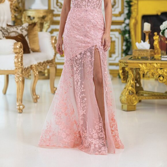 New Blush Floral Lace Embellished Sheath Sleeveless Gown w/ Leg Slit DQ 4501 - Picture 9 of 9